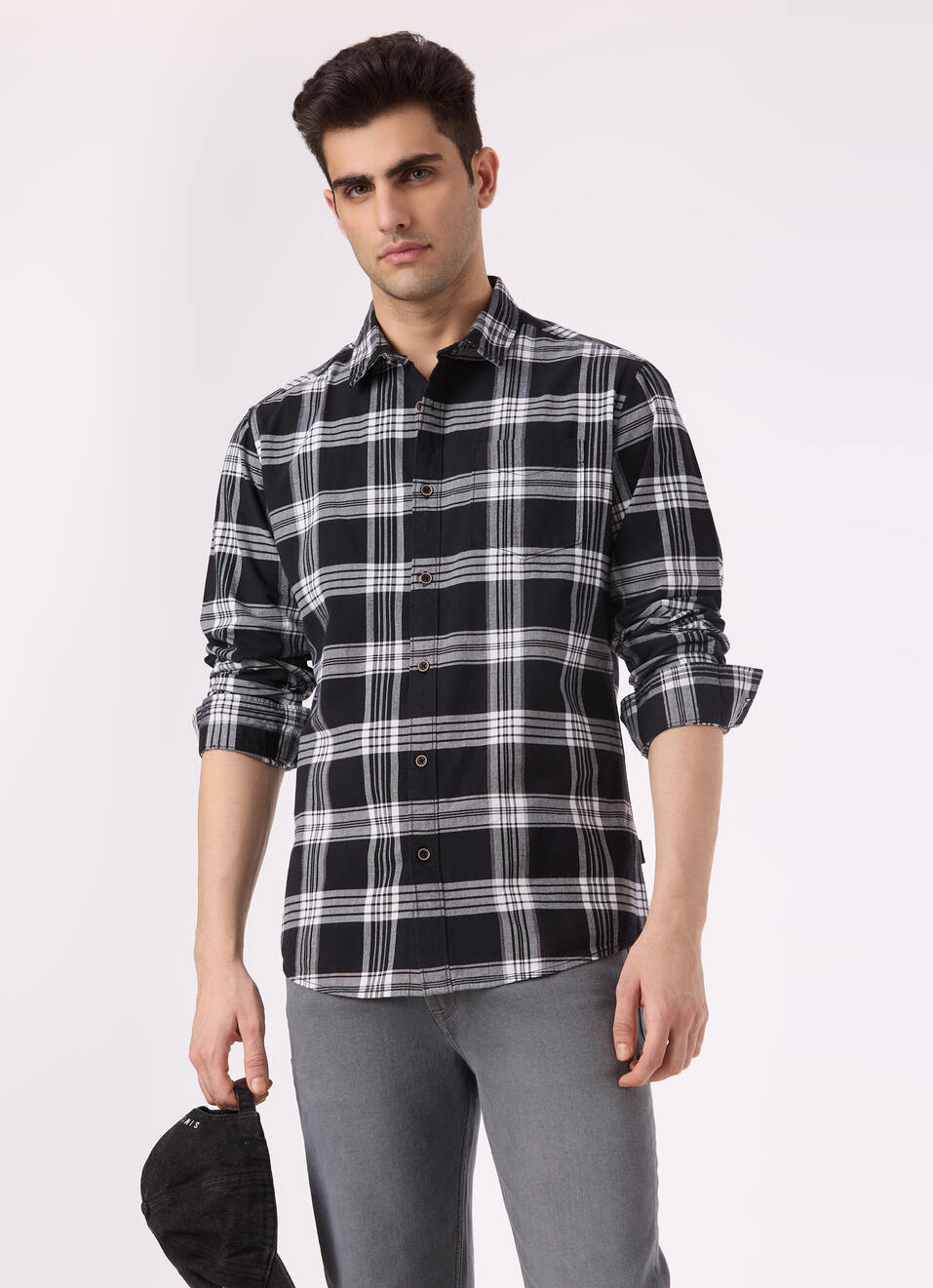 Men Black Regular Fit Check Full Sleeve Shirt, , large image number 0