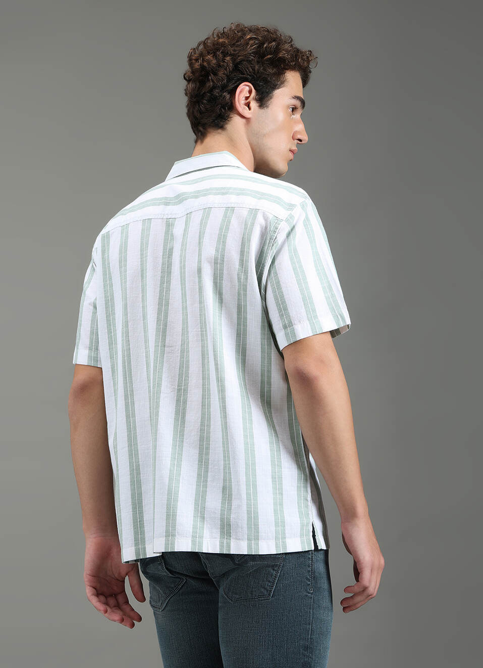 Men Green Striped Resort Collar Shirt, , large image number 6