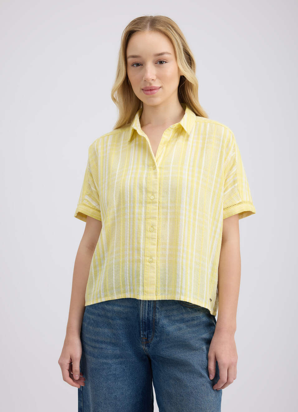 Women Yellow Check Short Sleeve Shirt, , large image number 1