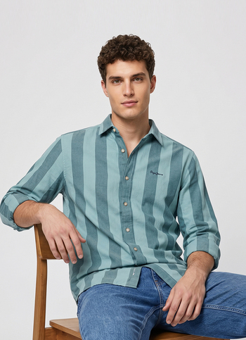 Men Green Striped Oxford Long Sleeve Shirt