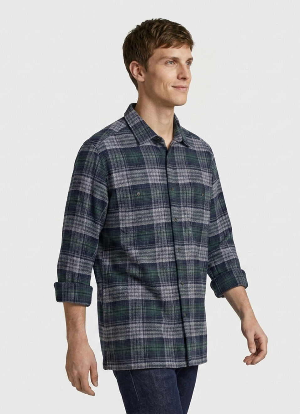 Men Navy Checked Brushed Long Sleeve Shirt, , large image number 3