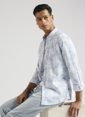 Sky Blue Floral Print Long Sleeve Shirt