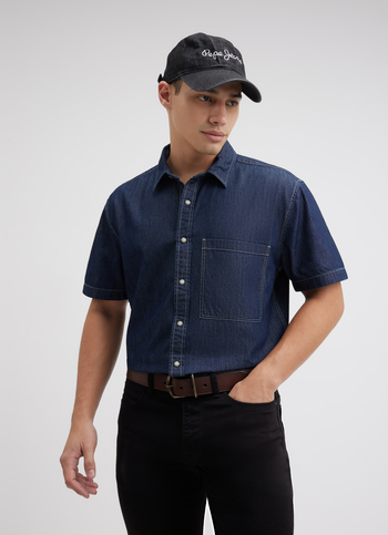 Men Blue Short Sleeve Oversized Denim Shirt
