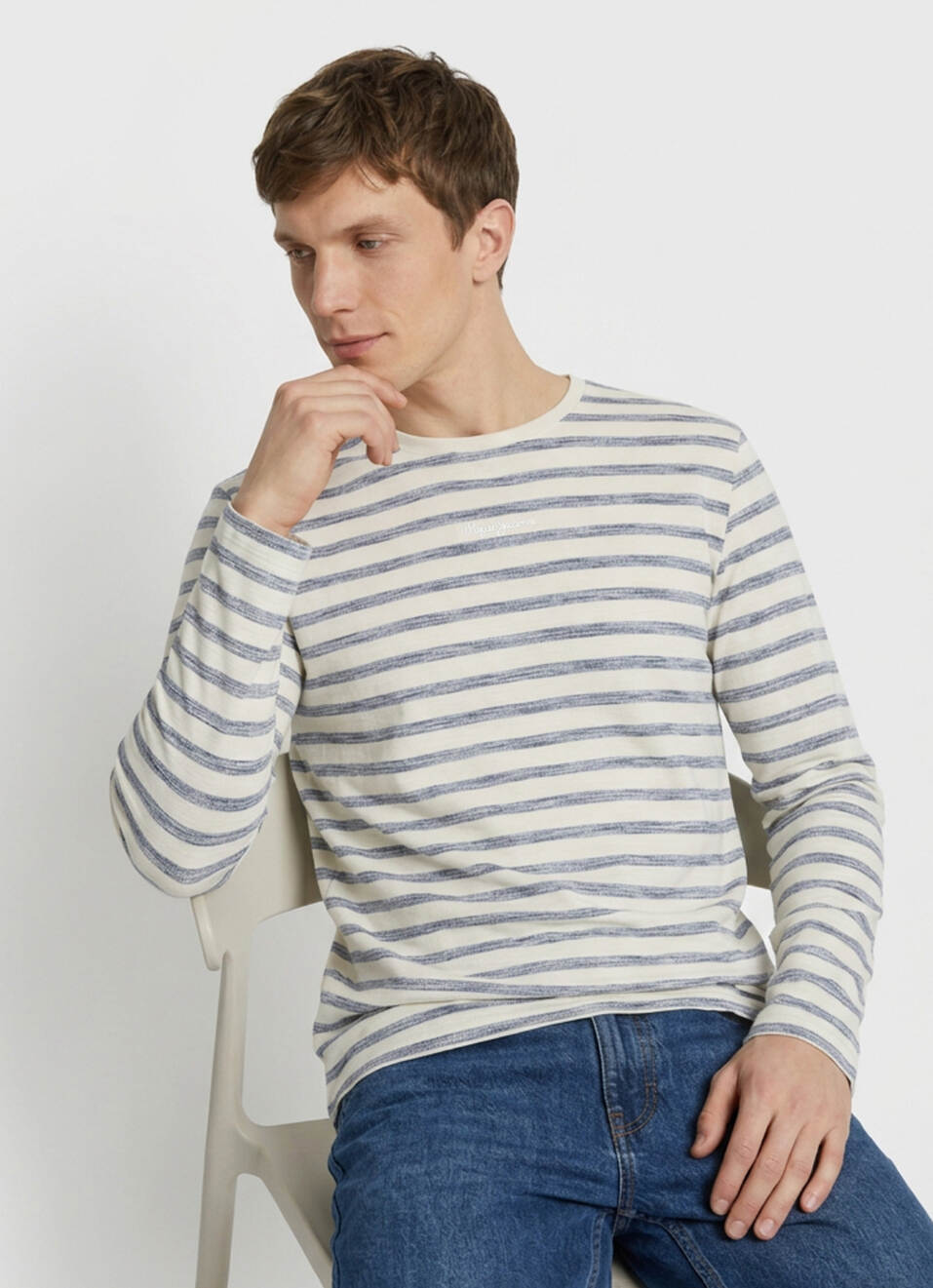 Men White Striped Long Sleeve T-shirt, , large image number 0