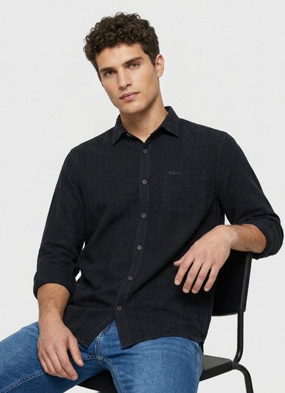 Men Grey Striped Dobby Long Sleeve Shirt, , large image number 0