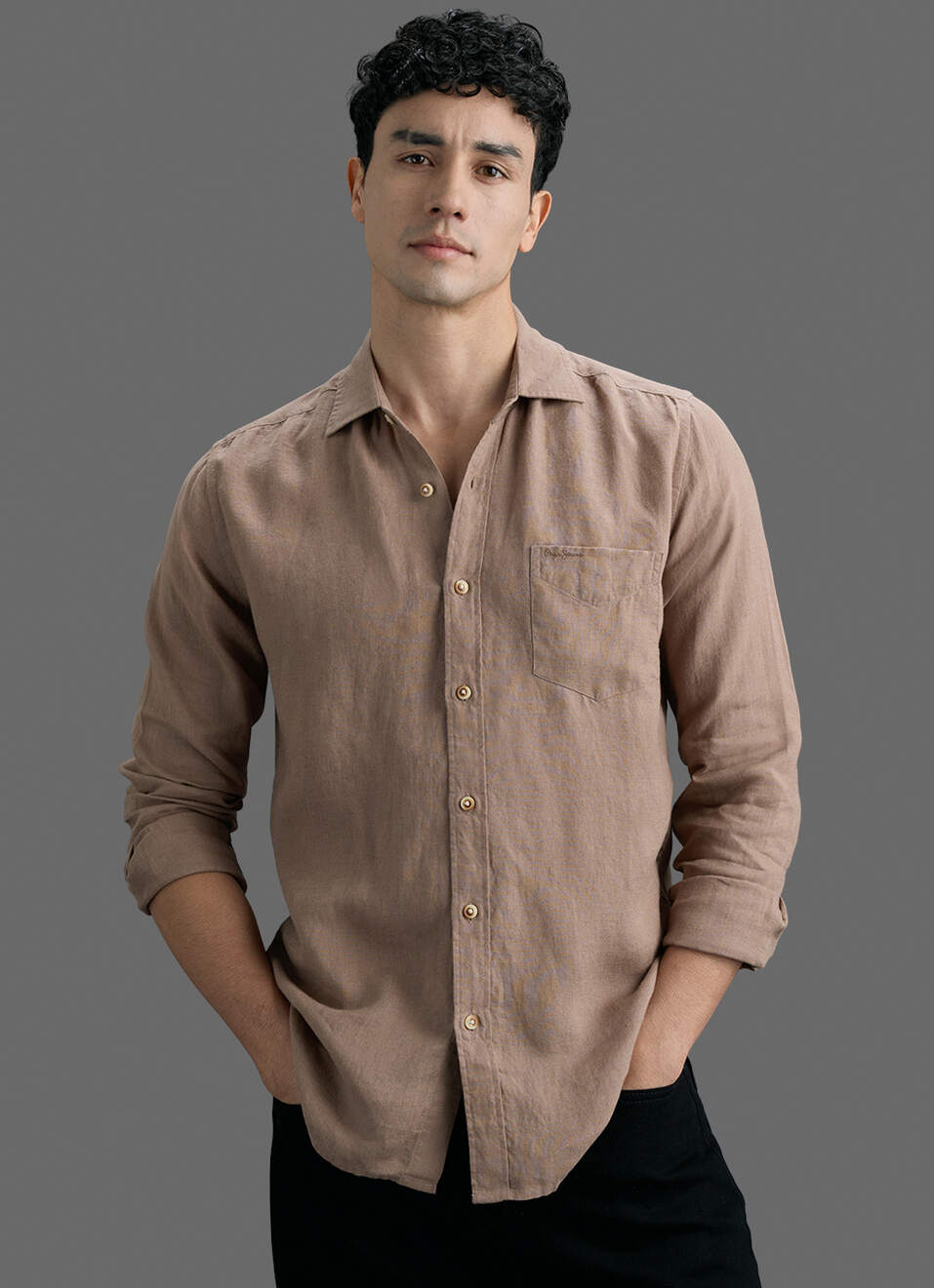 Men Brown Solid Pure Linen Long Sleeve Shirt, , large image number 0