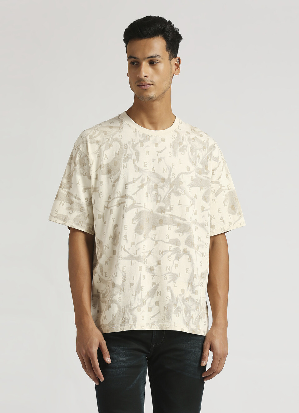 Ivory Oversized Abstract Print Typographic Short Sleeve T-shirt, , large image number 1