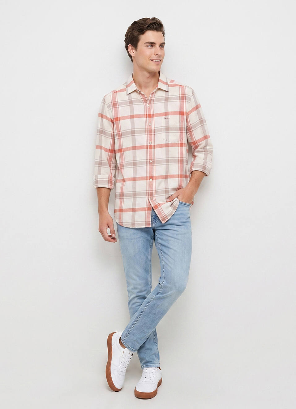 Men Off White Checked Brushed Long Sleeve Shirt, , large image number 5
