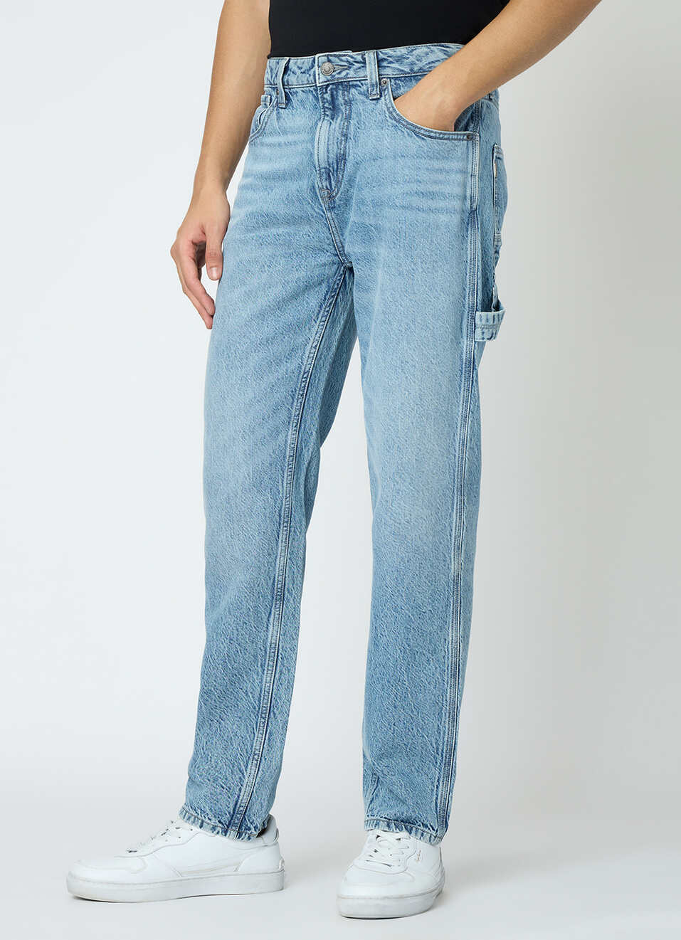 Men Blue Mid Rise Cargo Jeans, , large image number 2