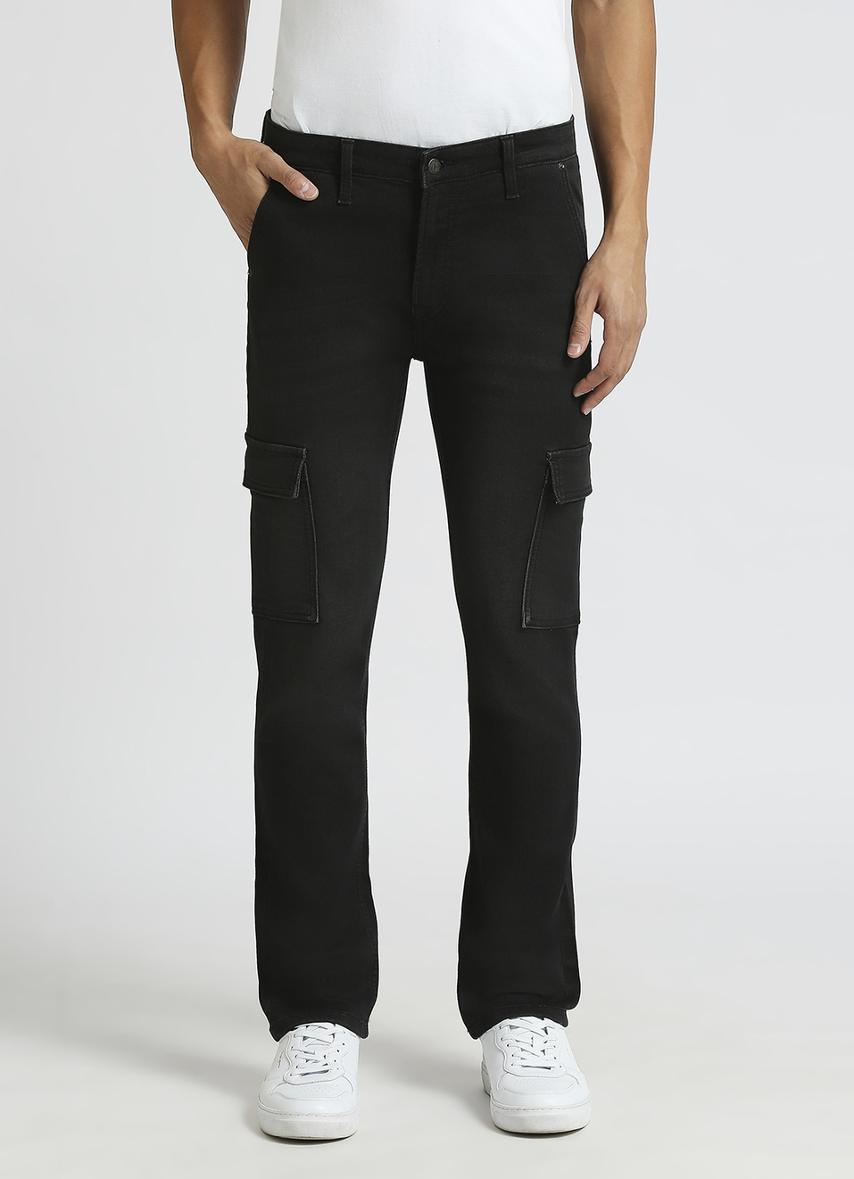 Cargo Straight Mid Rise Black Jeans, , large image number 2