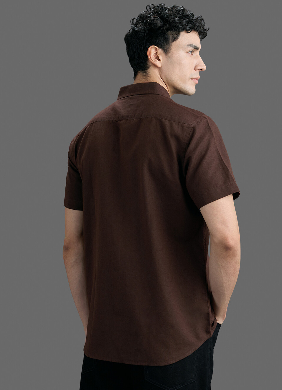 Men Brown Solid Cotton Linen Short Sleeve Shirt, , large image number 6