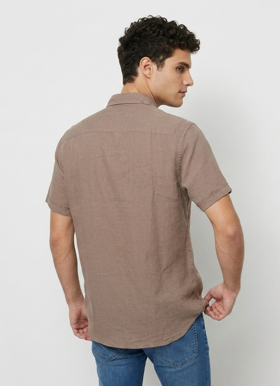 Men Brown Solid Pure Linen Short Sleeve Shirt, , large image number 2