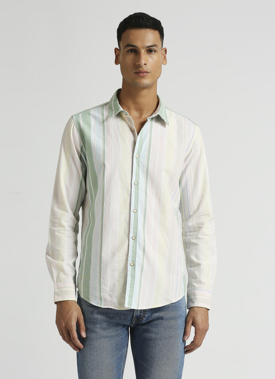 Pink Uneven Stripes Textured Long Sleeve Shirt, , large image number 1
