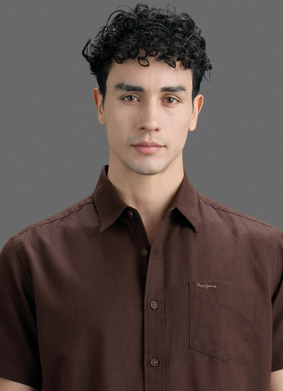 Men Brown Solid Cotton Linen Short Sleeve Shirt, , large image number 4