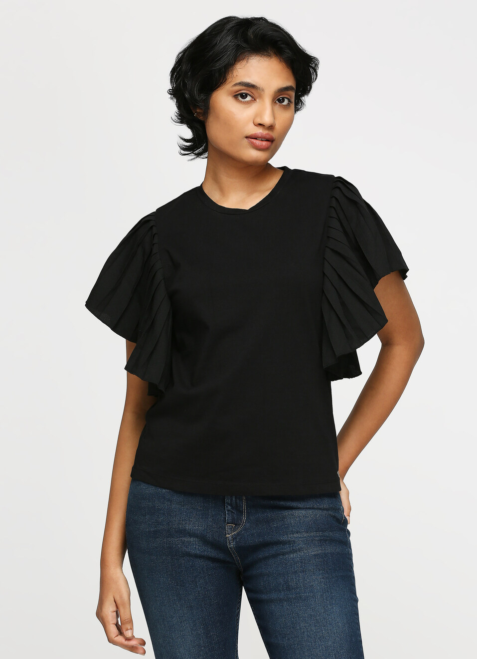 Black Round Neck Short Sleeve T-shirt, , large image number 1