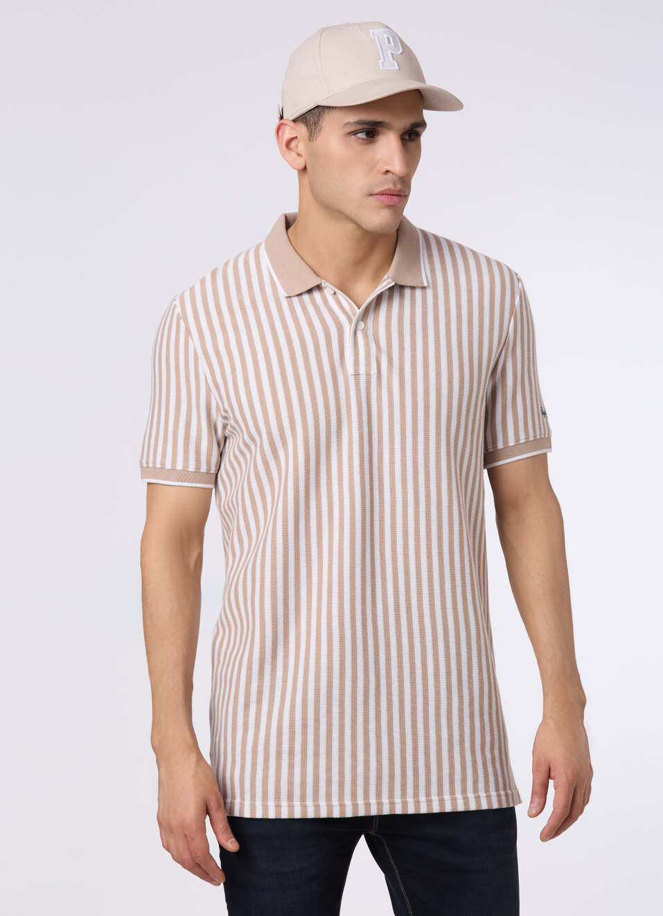 Men Beige Striped Polo Collar T-shirt, , large image number 0
