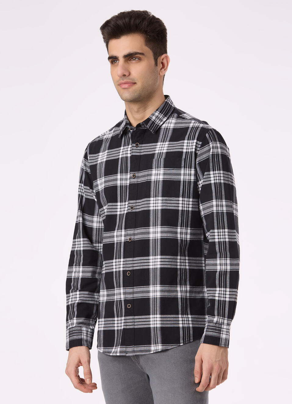 Men Black Regular Fit Check Full Sleeve Shirt, , large image number 3