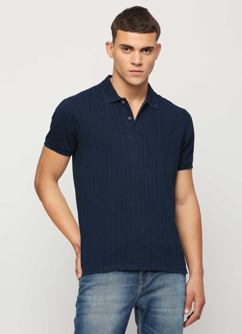 Blue Ribbed Neck Short Sleeve Polo, , large image number 0