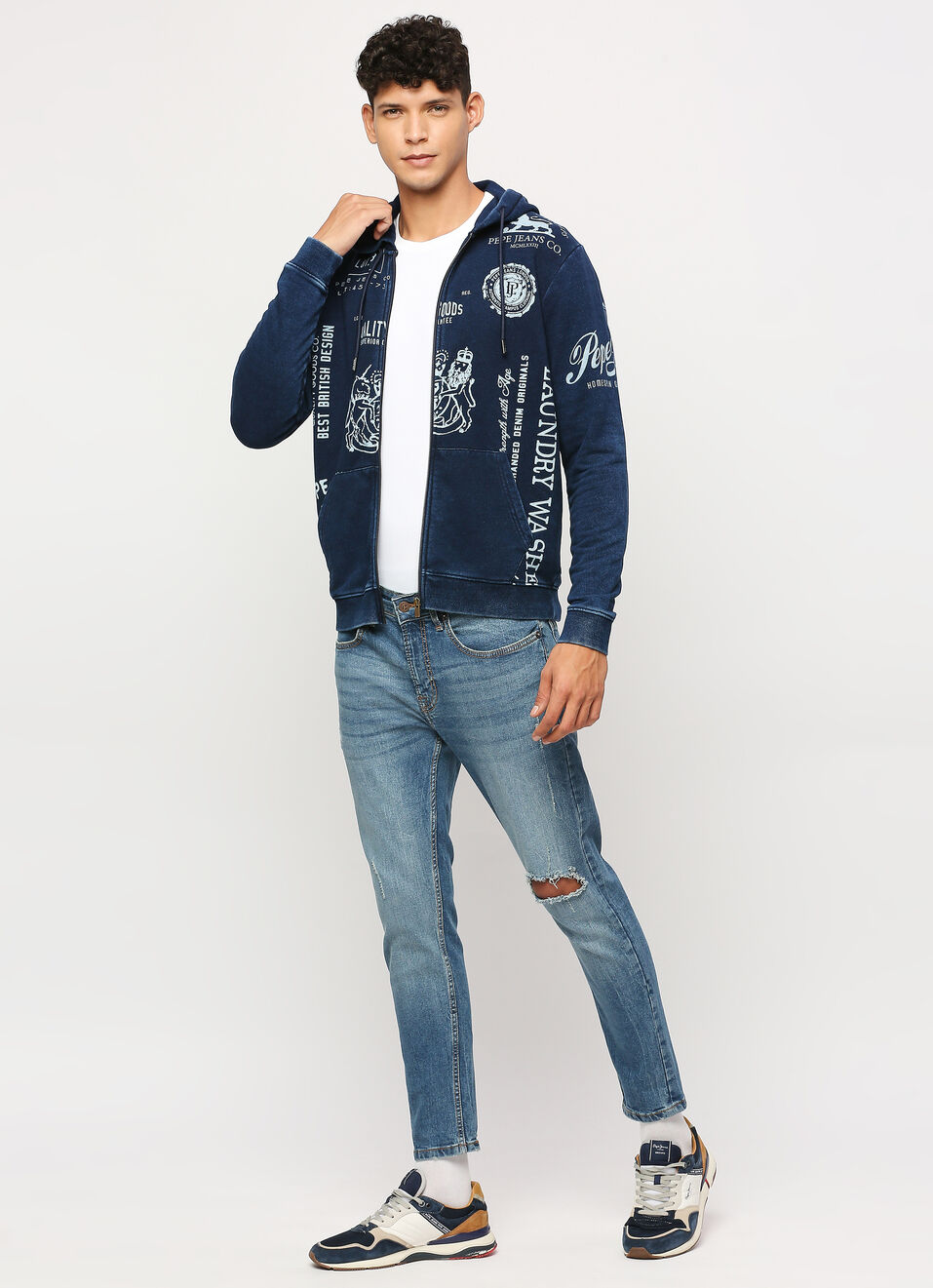 Indigo Zip Thru Printed Hooded Sweatshirt, , large image number 0