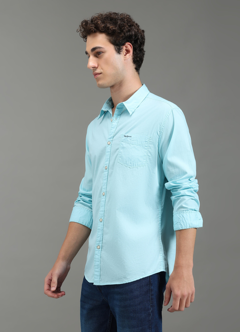 Men Aqua Blue Solid Shirt, , large image number 3