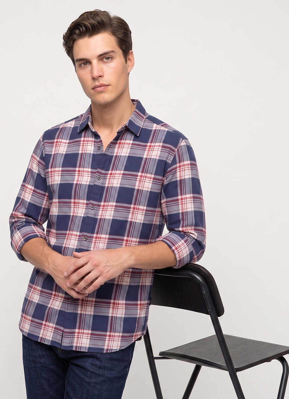 Men Blue Checked Brushed Long Sleeve Shirt, , large image number 0