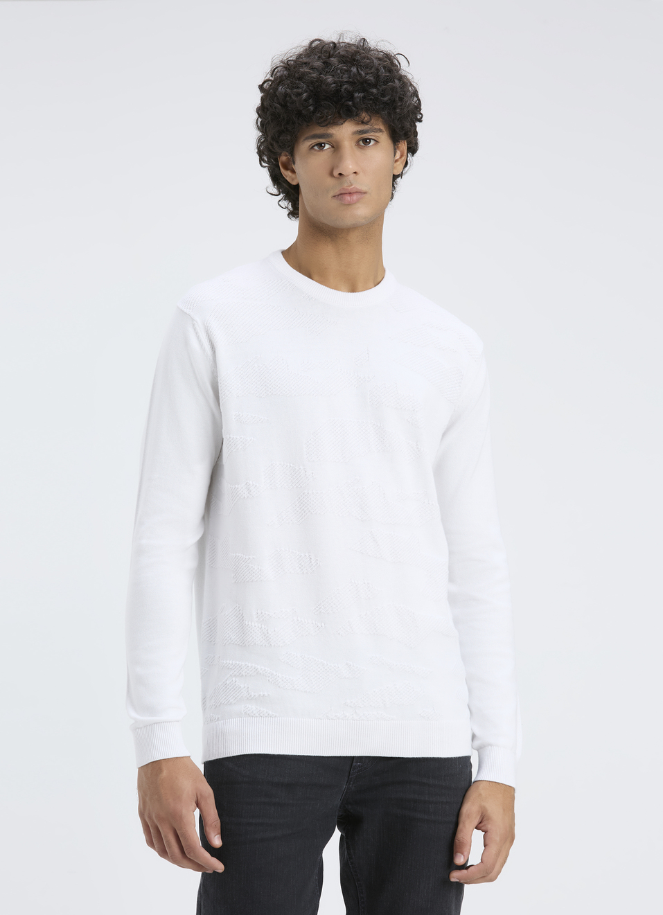 Men White Self Structure Full Sleeve Flat Knit Sweater, , large image number 1