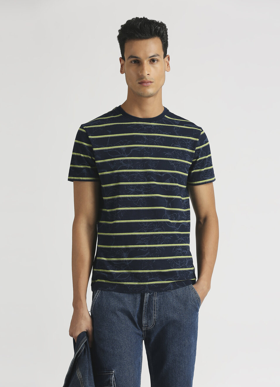 Indigo Tropical Print Stripe Short Sleeve T-shirt, , large image number 0