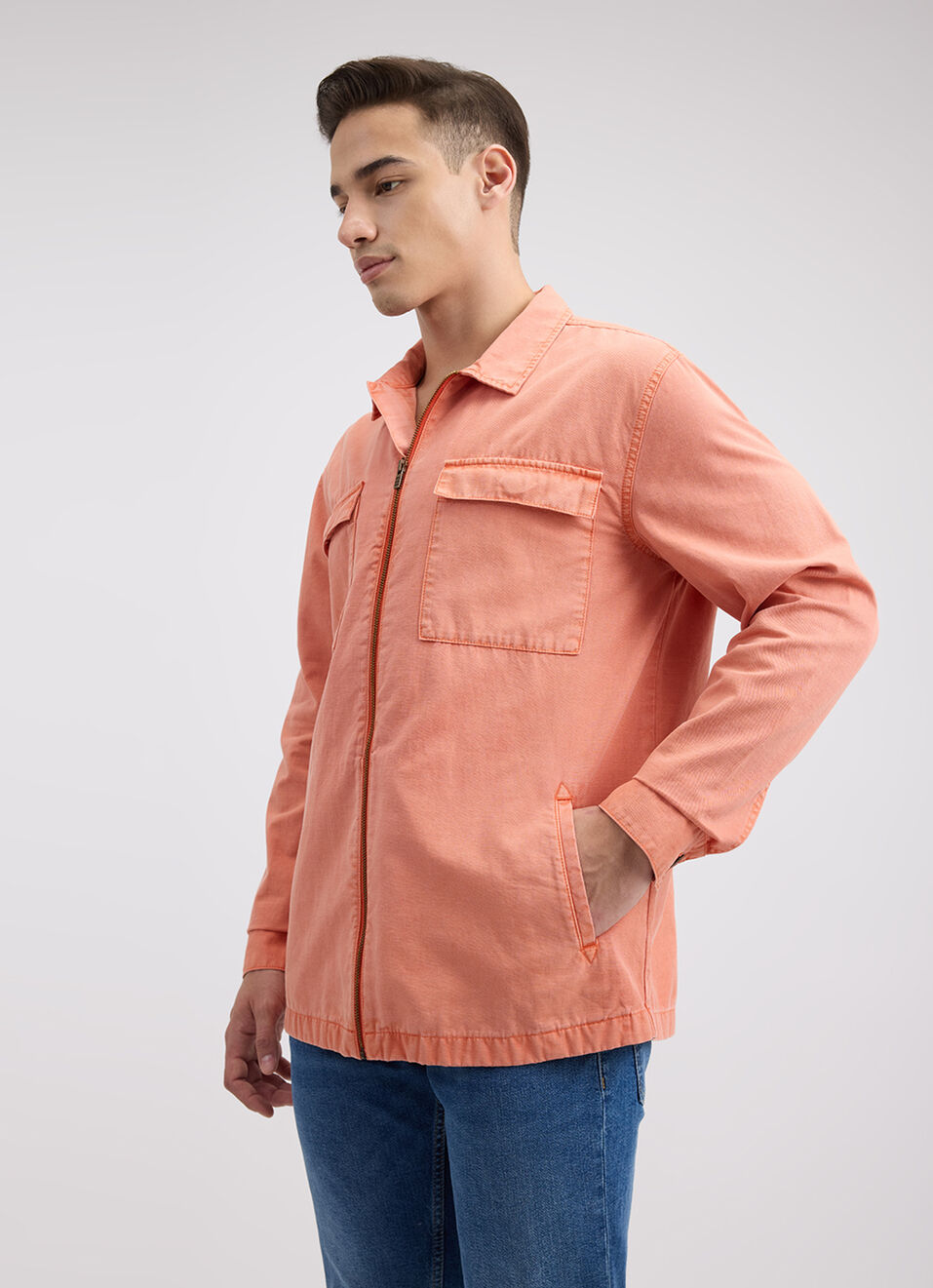 Men Orange Overdyed Oversized Zipper Shirt, , large image number 3