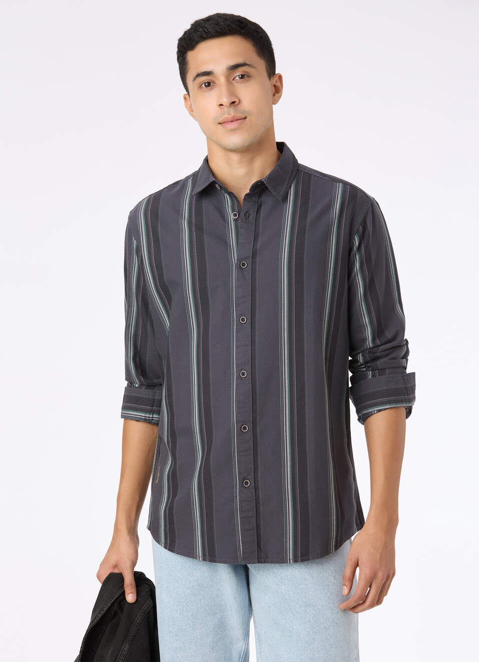 Men Grey Vertical Stripe Full Sleeve Oxford Shirt, , large image number 0
