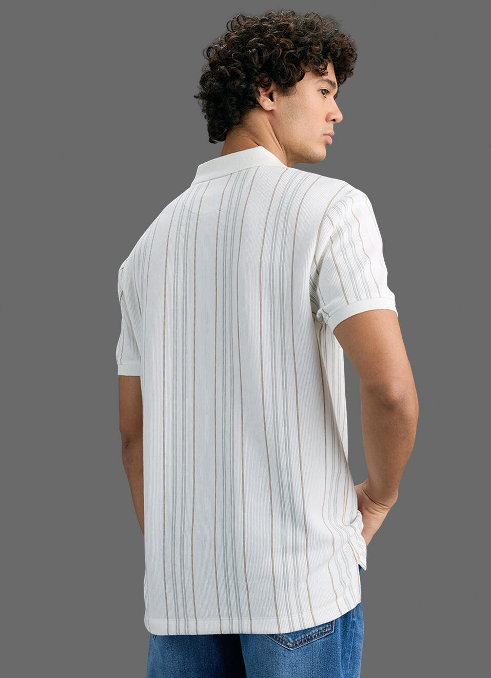 Men White Striped Polo T-shirt, , large image number 7