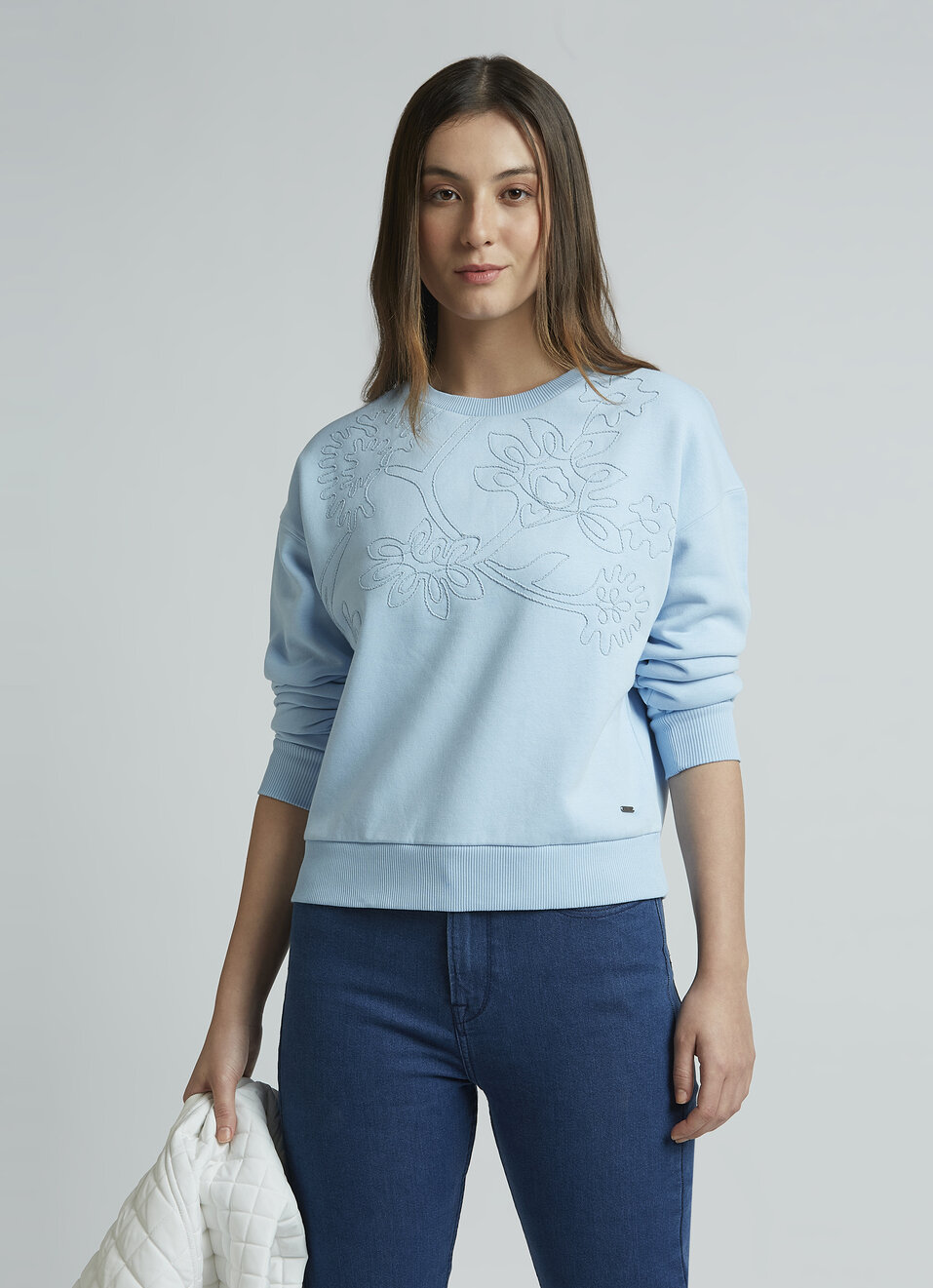 Blue Embroidered Full Sleeve Sweatshirt, , large image number 0