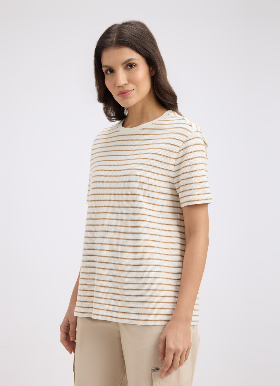 Women Beige Stripe Short Sleeve T-shirt, , large image number 3
