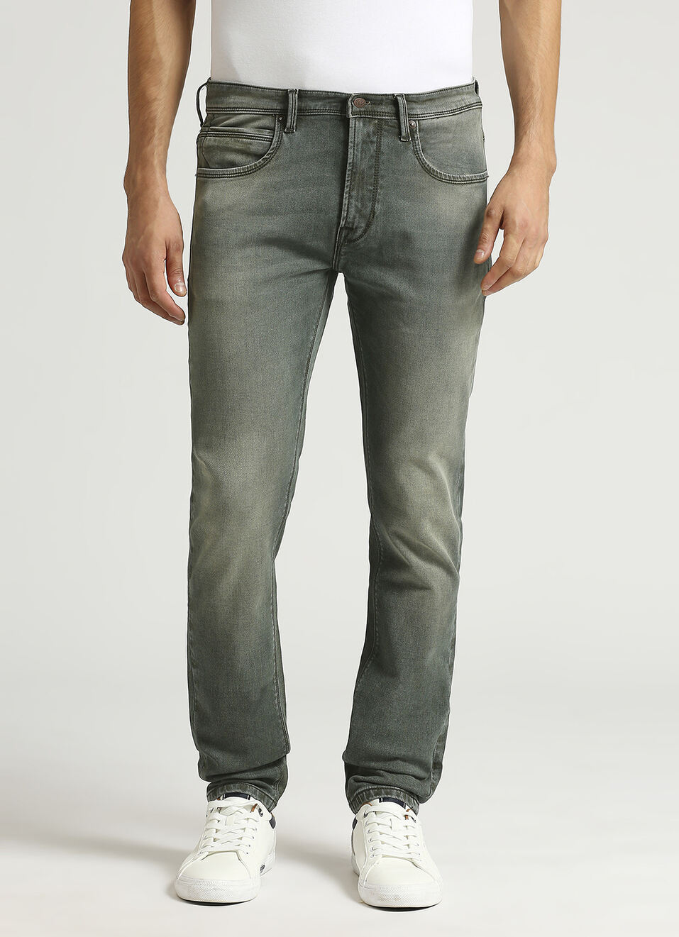 Vapour Green Tinted Low Rise Tapered Gymindigo Jeans, , large image number 2