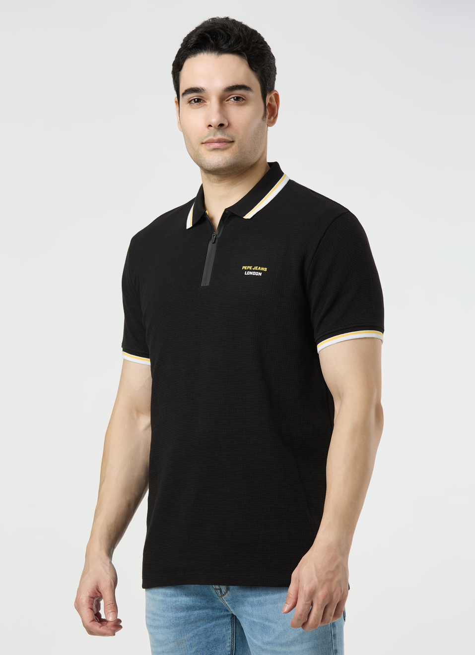 Men Black Zipper Polo Collar T-shirt, , large image number 3