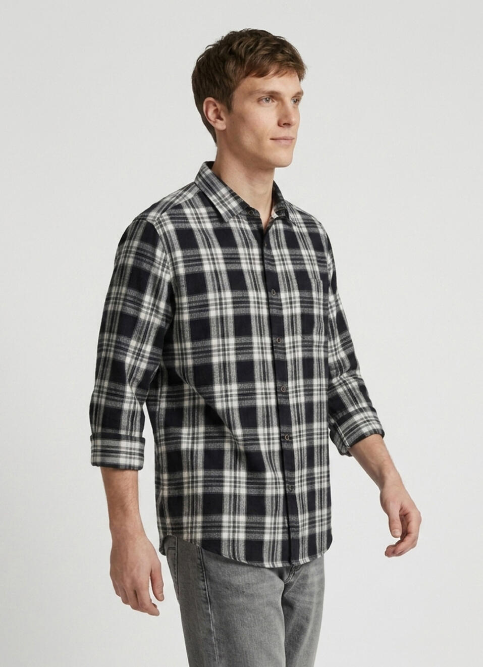 Men Black Checked Brushed Long Sleeve Shirt, , large image number 3