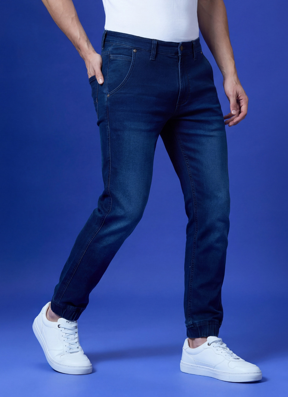 Blue Mid Rise Ankle Length Joggers, , large image number 0