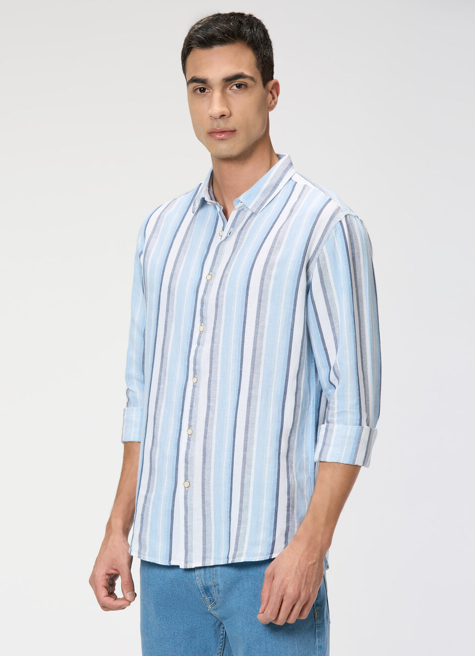 Men Blue Vertical Stripe Full Sleeve Shirt, , large image number 3
