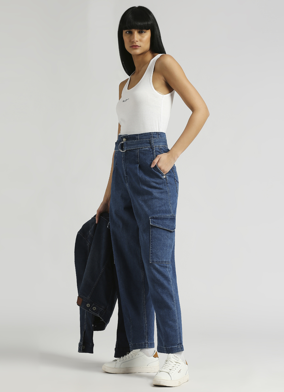 Blue High Waist Tapered Fit Utility Cargo Jeans, , large image number 0