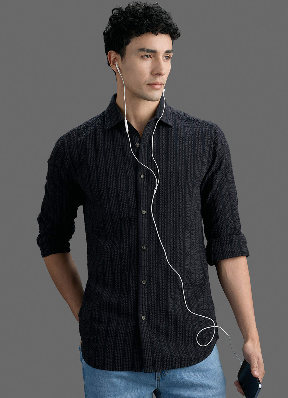Men Black Striped Seersucker Long Sleeve Shirt, , large image number 0