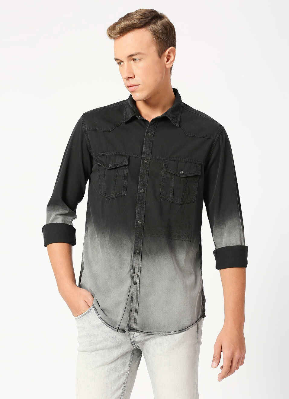 Finn Ls Printed Ombre Denim Shirt, , large image number 0