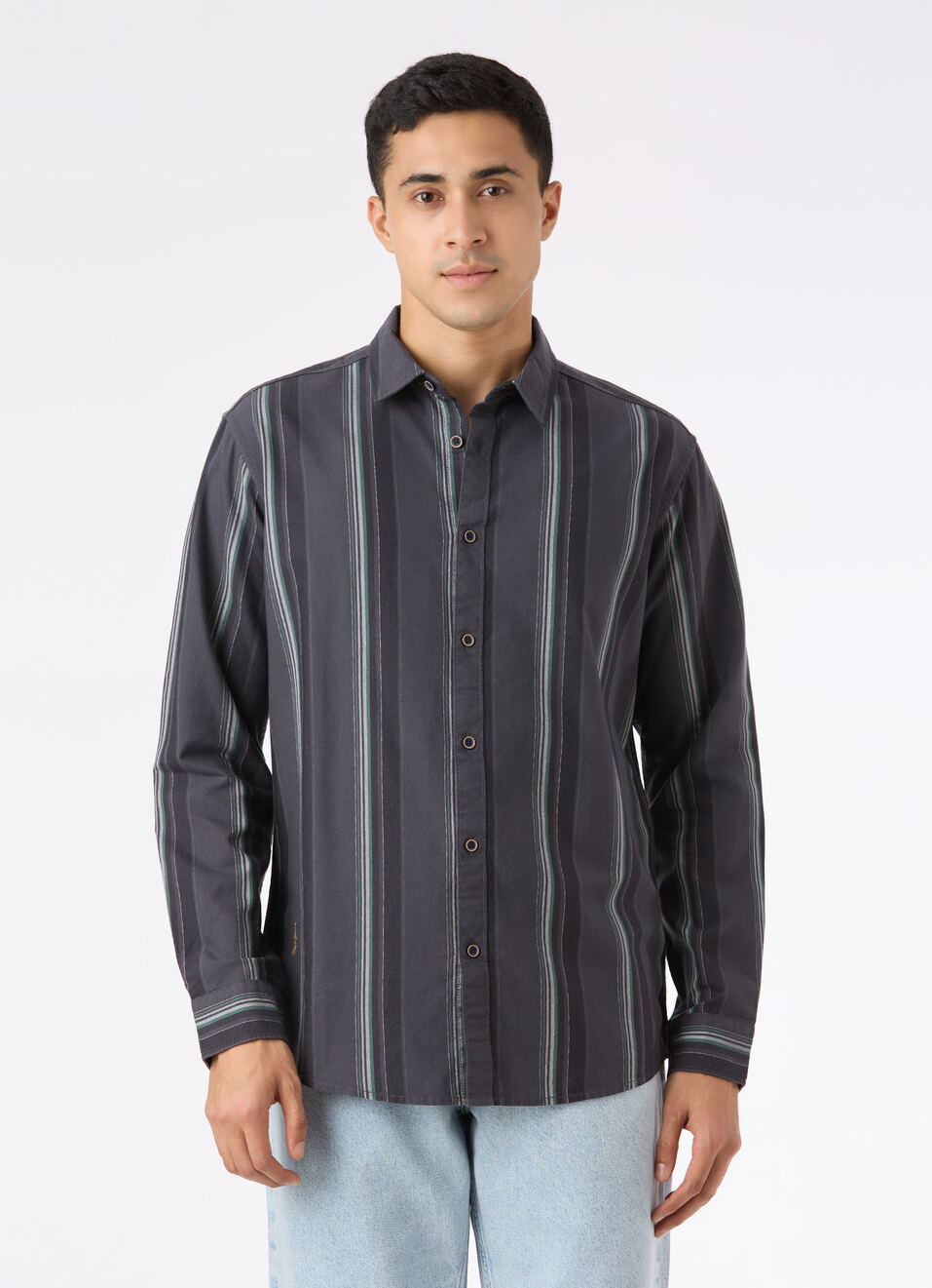 Men Grey Vertical Stripe Full Sleeve Oxford Shirt, , large image number 1