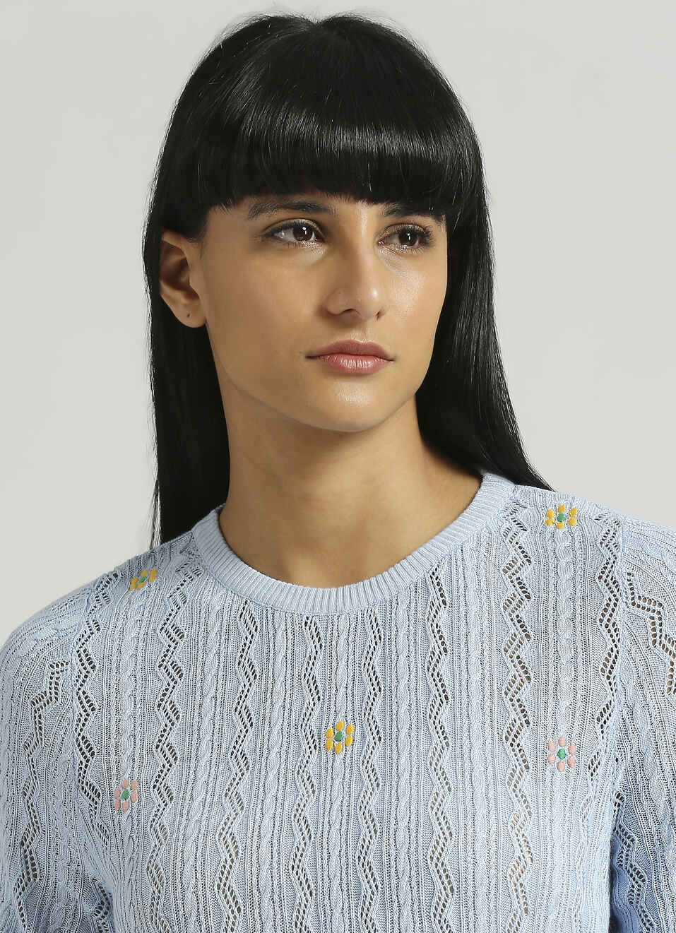 Light Blue Embroidered Short Sleeve Flat Knit Top, , large image number 4
