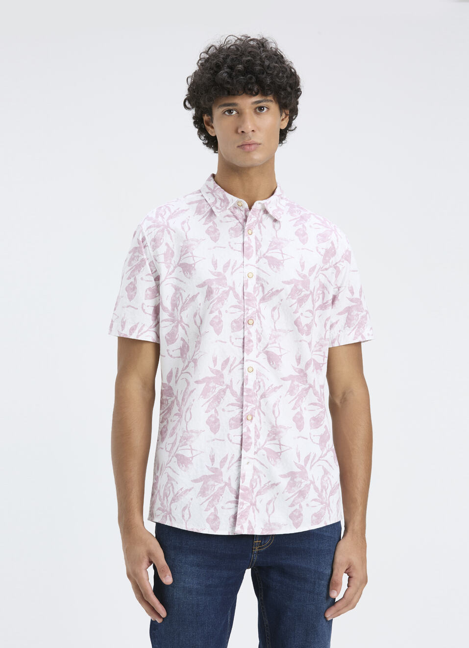 Men Purple Botanical Print Short Sleeve Shirt, , large image number 1