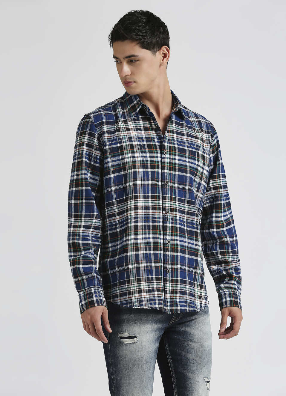 Blue Yarn Dyed Checks Linen Long Sleeve Shirt, , large image number 3