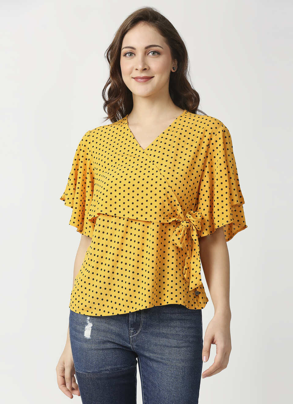 Lille Polka Dot Overlap Top With Flutter Sleeve, , large image number 1