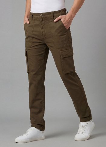 Men Olive Overdyed Mid Rise Utility Stretch Cargo Pants