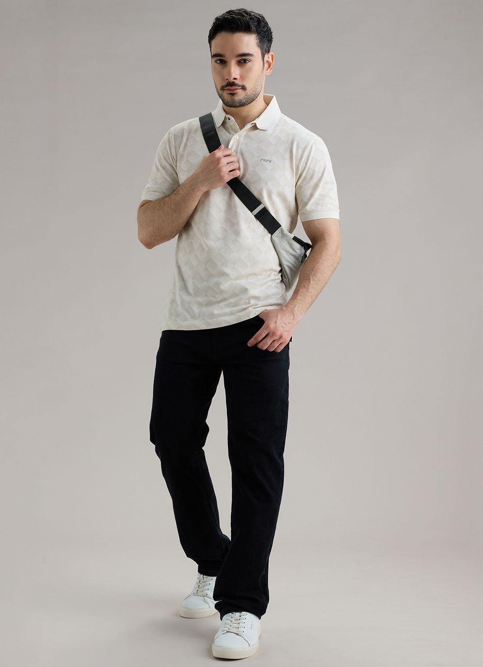 Men Ecru Printed Polo Collar T-shirt, , large image number 5