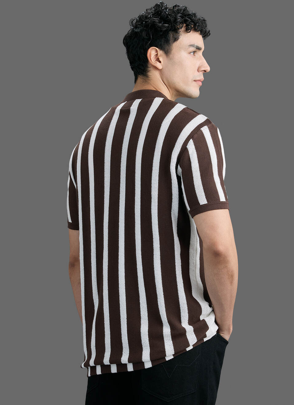 Men Brown Striped Flat Knit Polo Collar T-shirt, , large image number 6