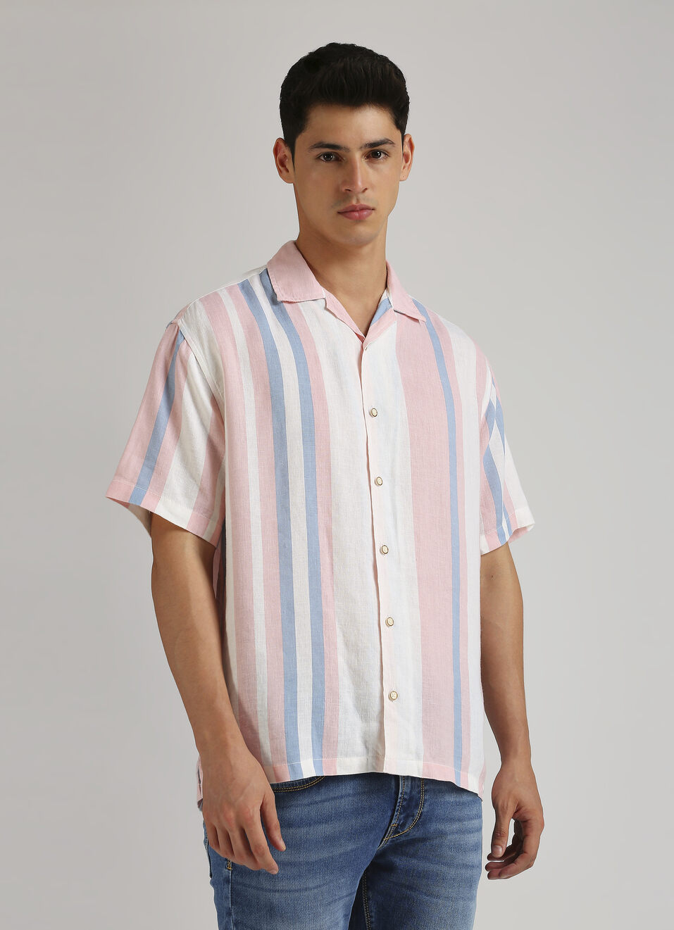 Pink Stripes Resort Collar Linen Short Sleeve Shirt, , large image number 0