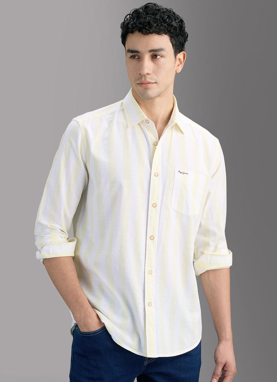 Men Yellow Striped Shirt, , large image number 5